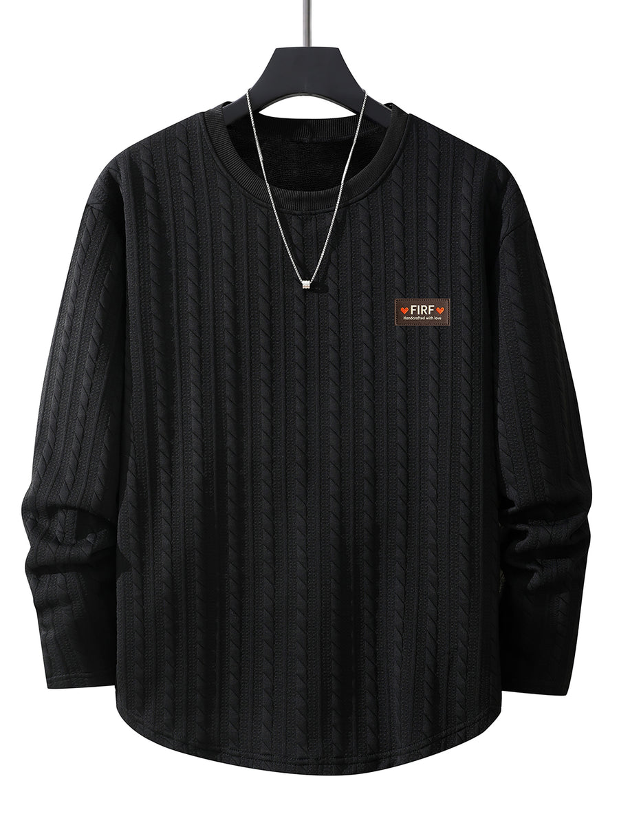 Men's Round Neck Fashionable Vintage Artistic Style Jacquard Knit Textured Fabric Autumn/Winter Long Sleeve Casual Outerwear Regular Fit Versatile Top for Dates, Gatherings, and Outings - Black
