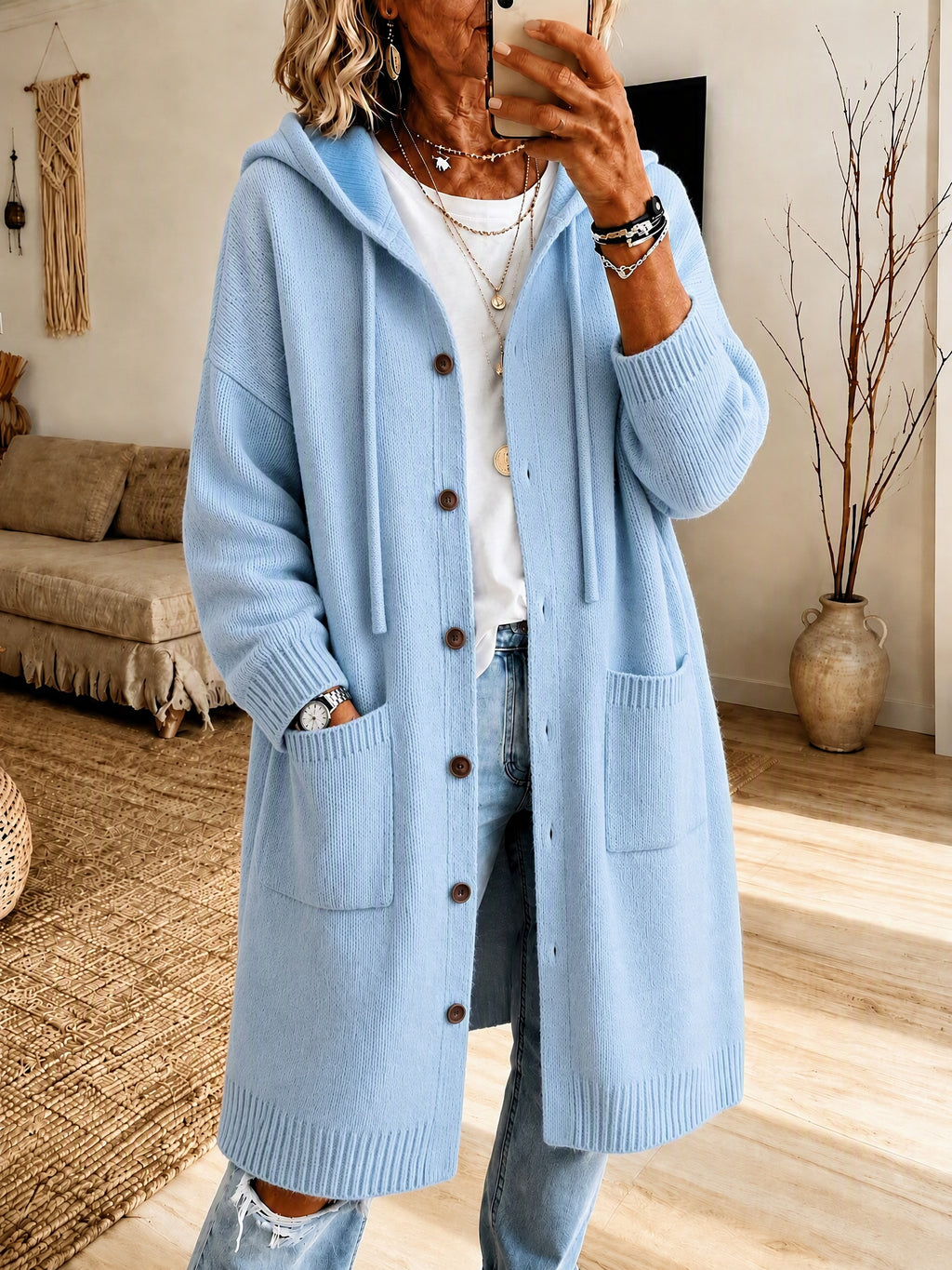 Solid Color Drawstring Hooded Sweatshirt for Women, Loose Drop Shoulder Long Sleeve Pullover Sweater, Elegant Casual Top for Home Office Outings, All-Season Women'S Clothing - Sky Blue