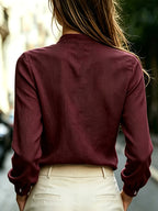 Women'S Solid V-Neck Long Sleeve Commuter Shirt - Burgundy