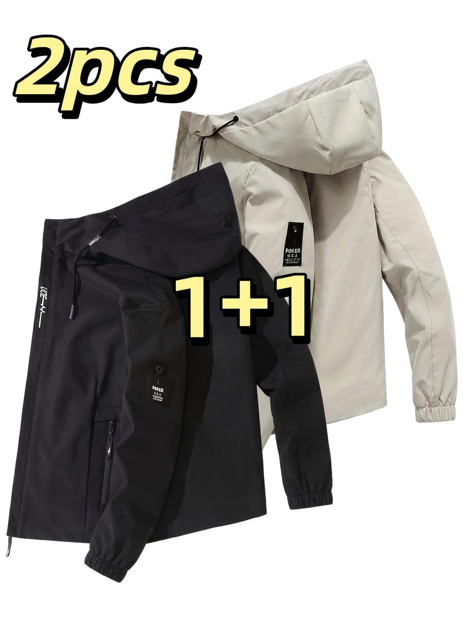 Men's Lightweight Softshell Jacket with Hood, 100% Polyester Solid Color, Regular Fit, Long Sleeves, Zippered Pockets, Outdoor Casual Style - Black+khaki