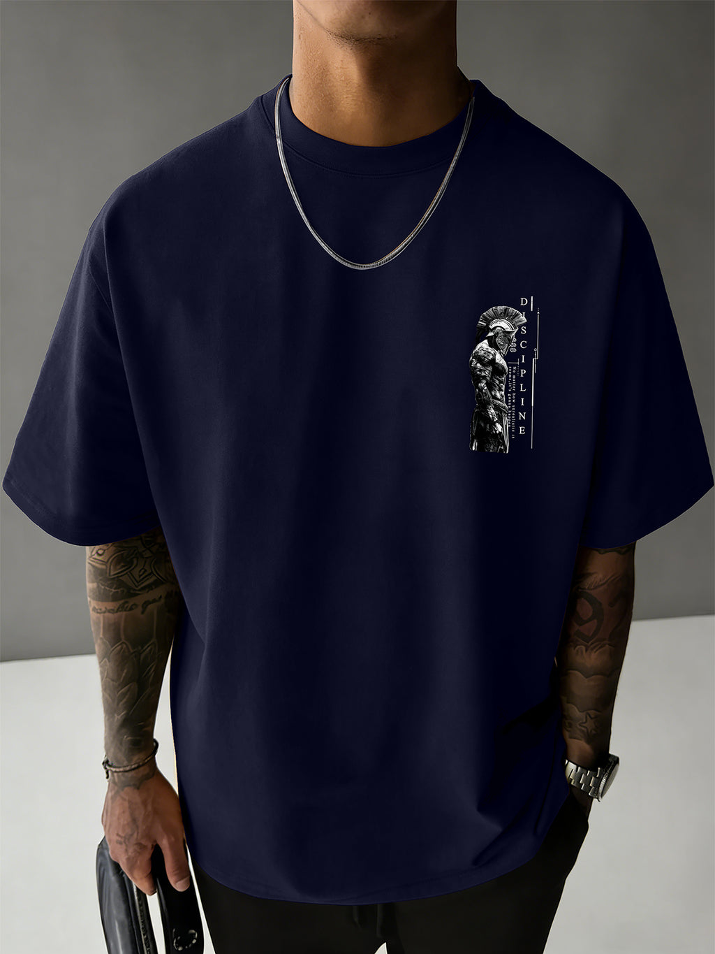 Men'S 100% T-Shirt, Spartan Warrior Discipline Print, All-Season Wear, Casual Sporty Comfortable Breathable - Navy blue color