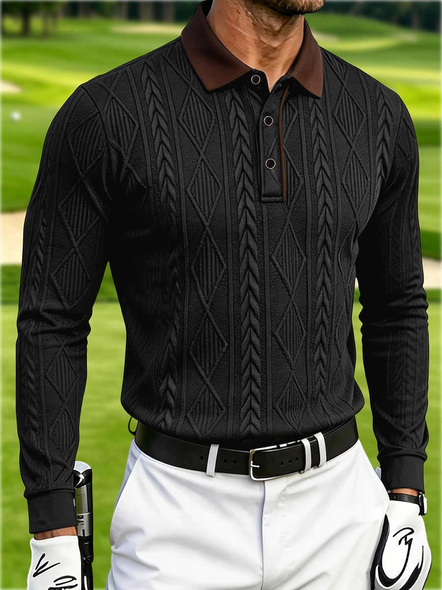Men's Long-Sleeve Golf Polo Shirt, Contrast-Color Lapel Jacquard Design T-Shirt, Essential High-End Polo Attire for Golf Courses, Warm, Skin-Friendly, and Comfortable, Suitable for Indoor Gatherings and Outdoor Leisure, New Trendy Men's Apparel - Black