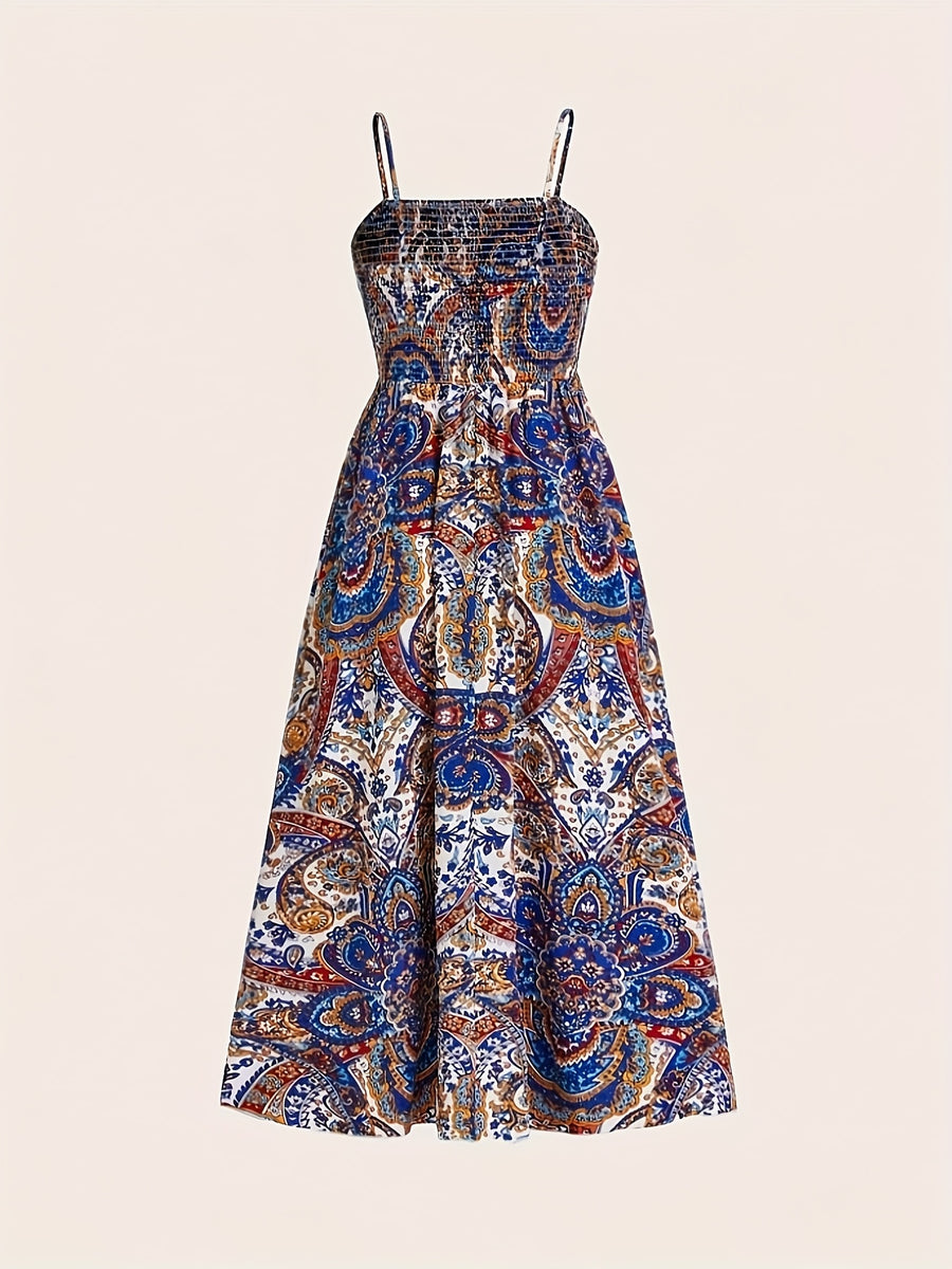 A Long Vacation Beach Dress for Women with a Paisley Print And Thin Straps, Perfect for Casual Outings - Multicolor