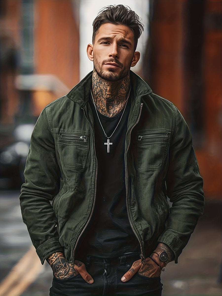 Men's Casual Long Sleeve Shirt Autumn Winter Solid Color Corduroy Zip-Up Jacket Vintage Style Top - Military Green