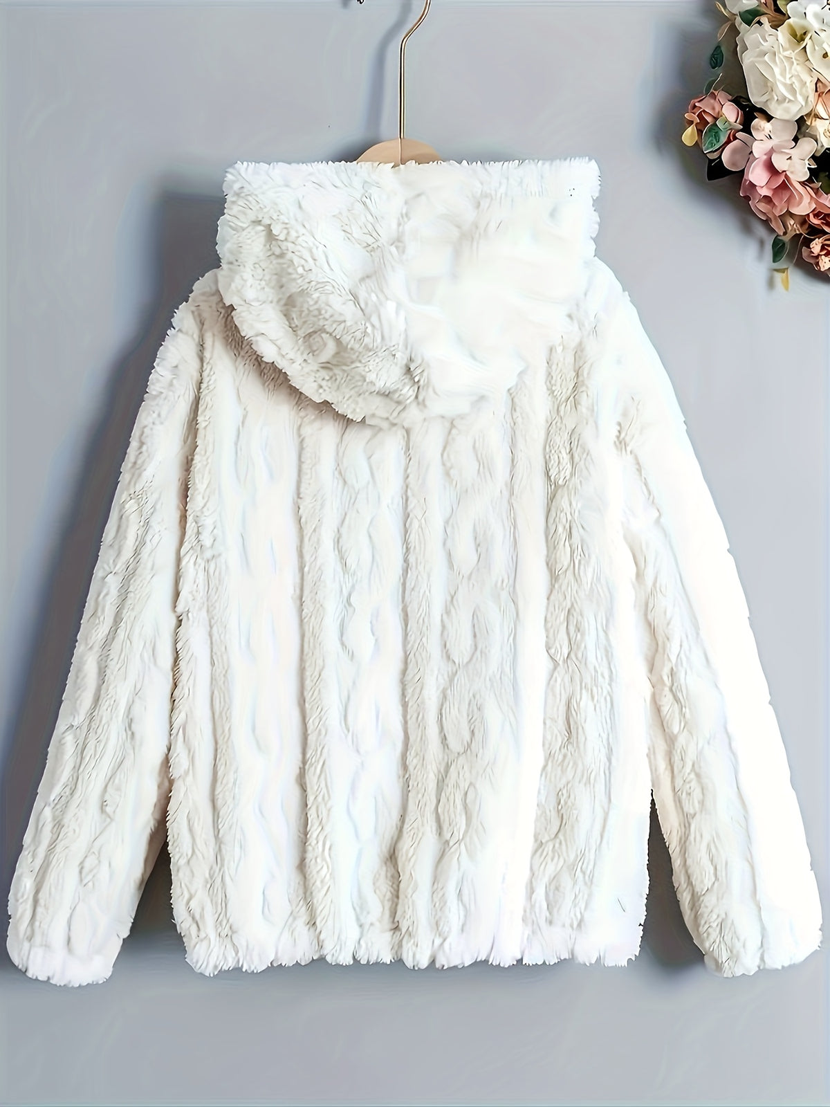 Plus Size - Autumn Winter Warm Thick Fleece Hooded Sweatshirt, Loose Casual Jacket, Coral Fleece Material, Plus Size Women'S Jacket/Winter Coat, Plus Size Women'S Outerwear, Elegant Women'S Shawl - White