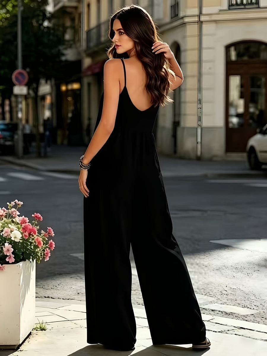 Summer Loose Drapey Wide-Leg Cami Jumpsuit, Side-Pocket Fashion Lazy Style Vacation One-Piece - Black