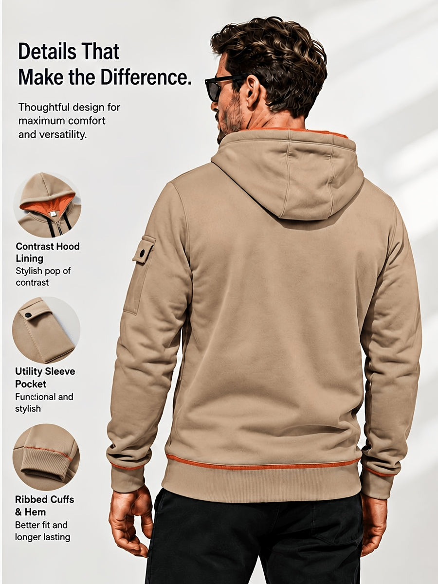 Hoodie, Men'S Fashion Color-Block Zip-Up Hoodie, Multi-Pocket Design Showcasing Individuality, Solid Casual Versatile Hoodie, Autumn/Winter Outerwear - Khaki