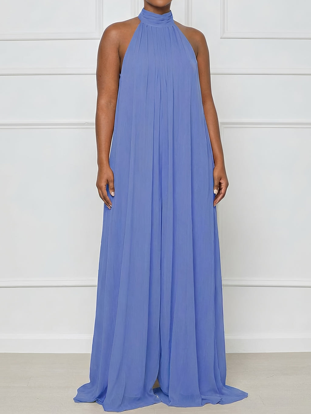 Women'S Casual Vacation Chiffon Halter Neck Backless Wide-Leg Jumpsuit - Deep Sky Blue