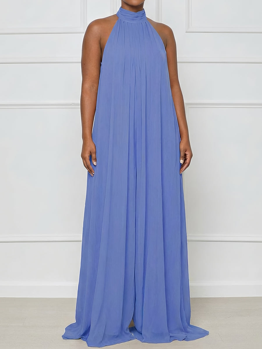 Women'S Casual Vacation Chiffon Halter Neck Backless Wide-Leg Jumpsuit - Deep Sky Blue