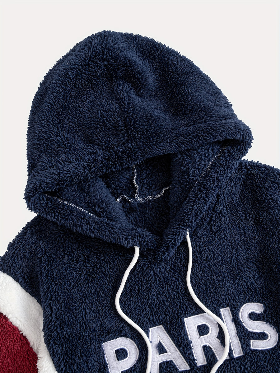 1pc Color-Block Spliced Reversible Plush Hooded Sweatshirt, Letter Embroidered Sweatshirt, Casual Sporty Hoodie, Soft and Comfortable Fabric, Warm and Breathable - Navy Color