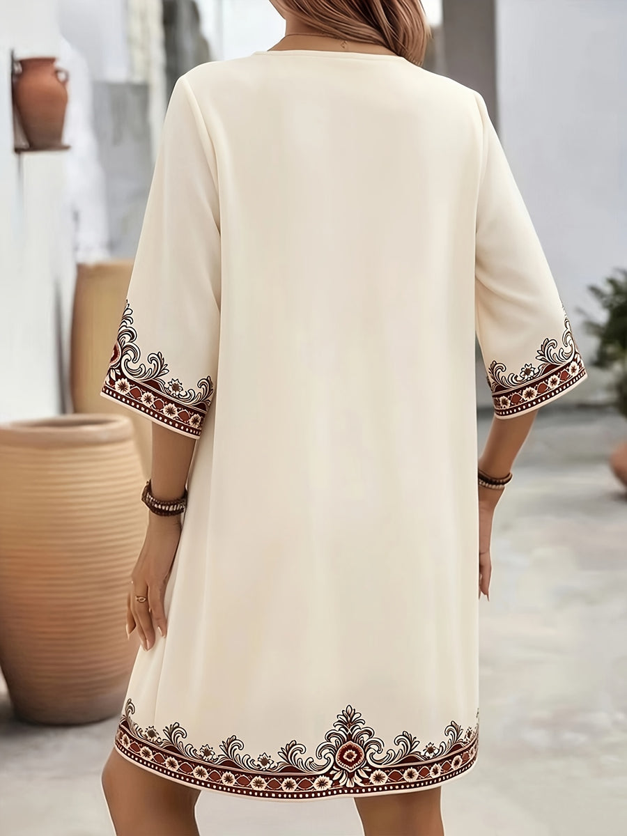 Fashionable Elegant Bohemian Ethnic Style Printed V-Neck Short Sleeve Loose Casual Dress - Apricot