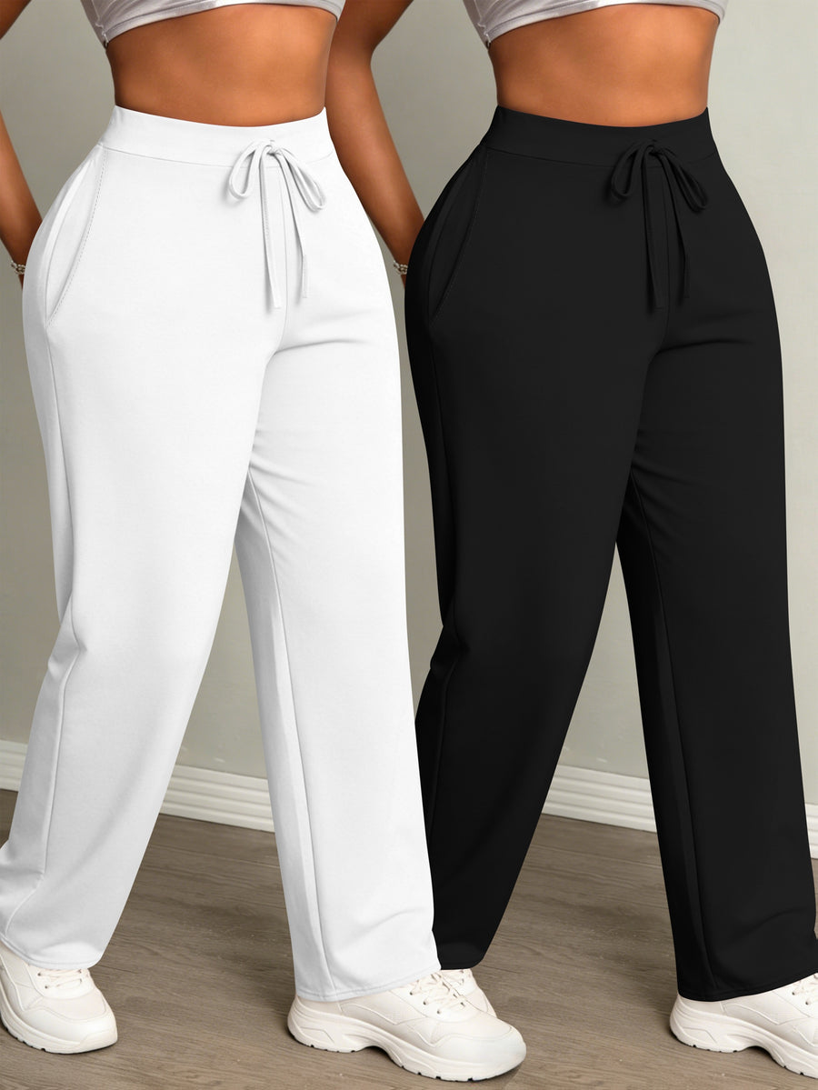 Women's Fashion Daily 2pcs Set, Comfortable Loose-Fit Solid Color Drawstring Waist Wide-Leg Sweatpants - Black+White