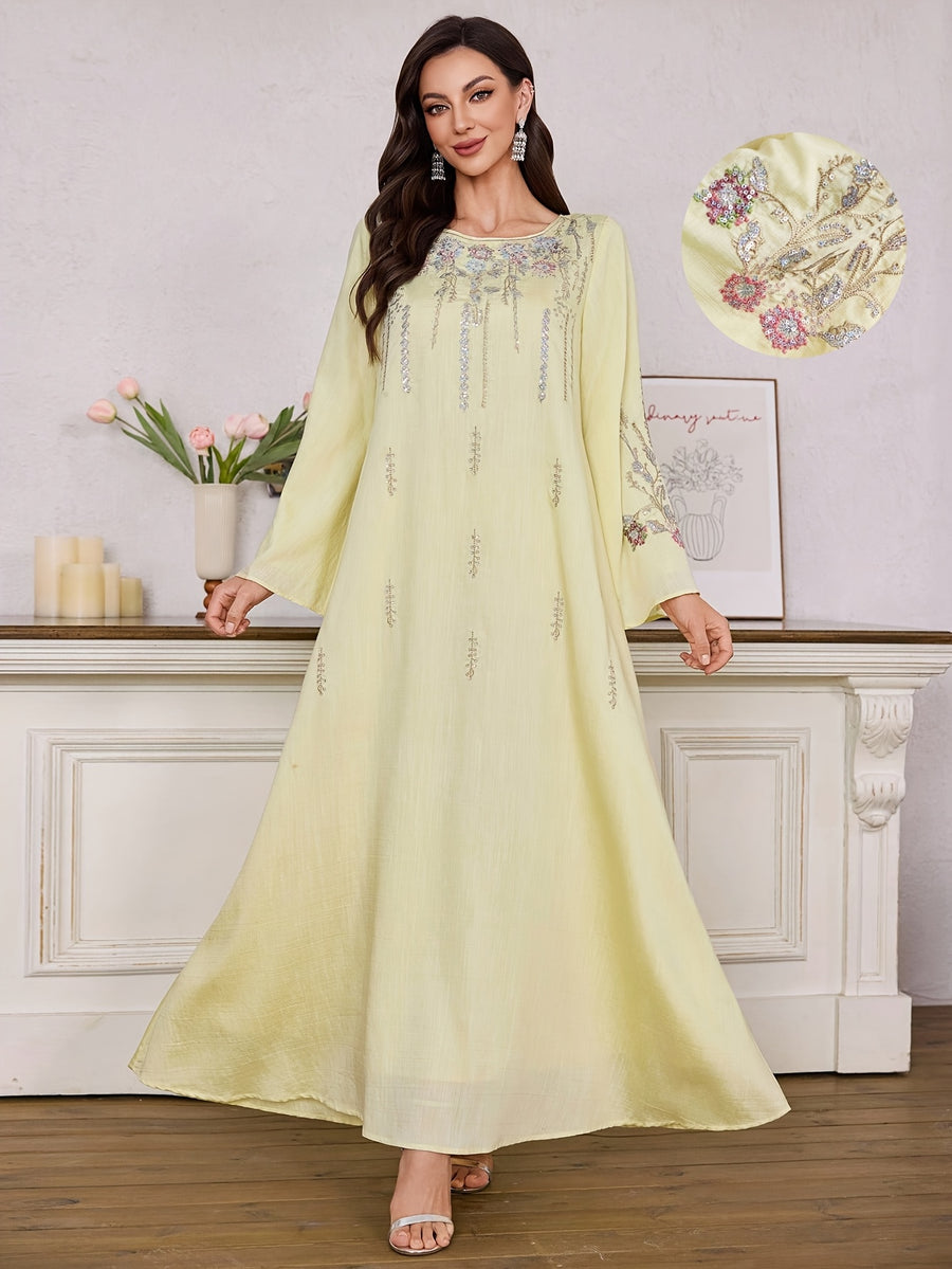 Al Najma Women ElegantEmbroidered Dress, MinimalistFashion Casual Daily Wear, Modest Kaftan - 【Light Yellow】