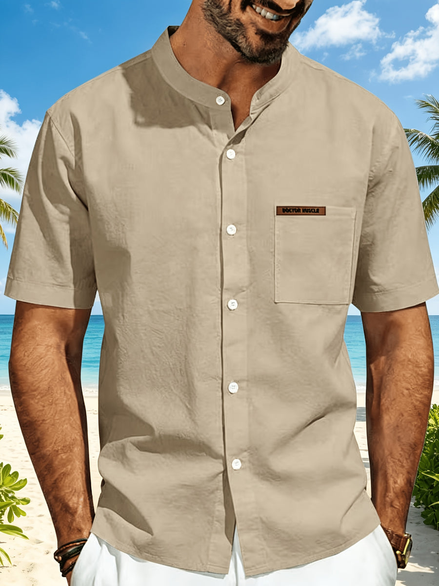 Men's Minimalist Vacation Style Stand Collar Linen Short Sleeve Shirt, 95% Linen 5% Polyester, Breathable with Label Pocket, Fashionable Beachside Pool Casual Shirt - Khaki
