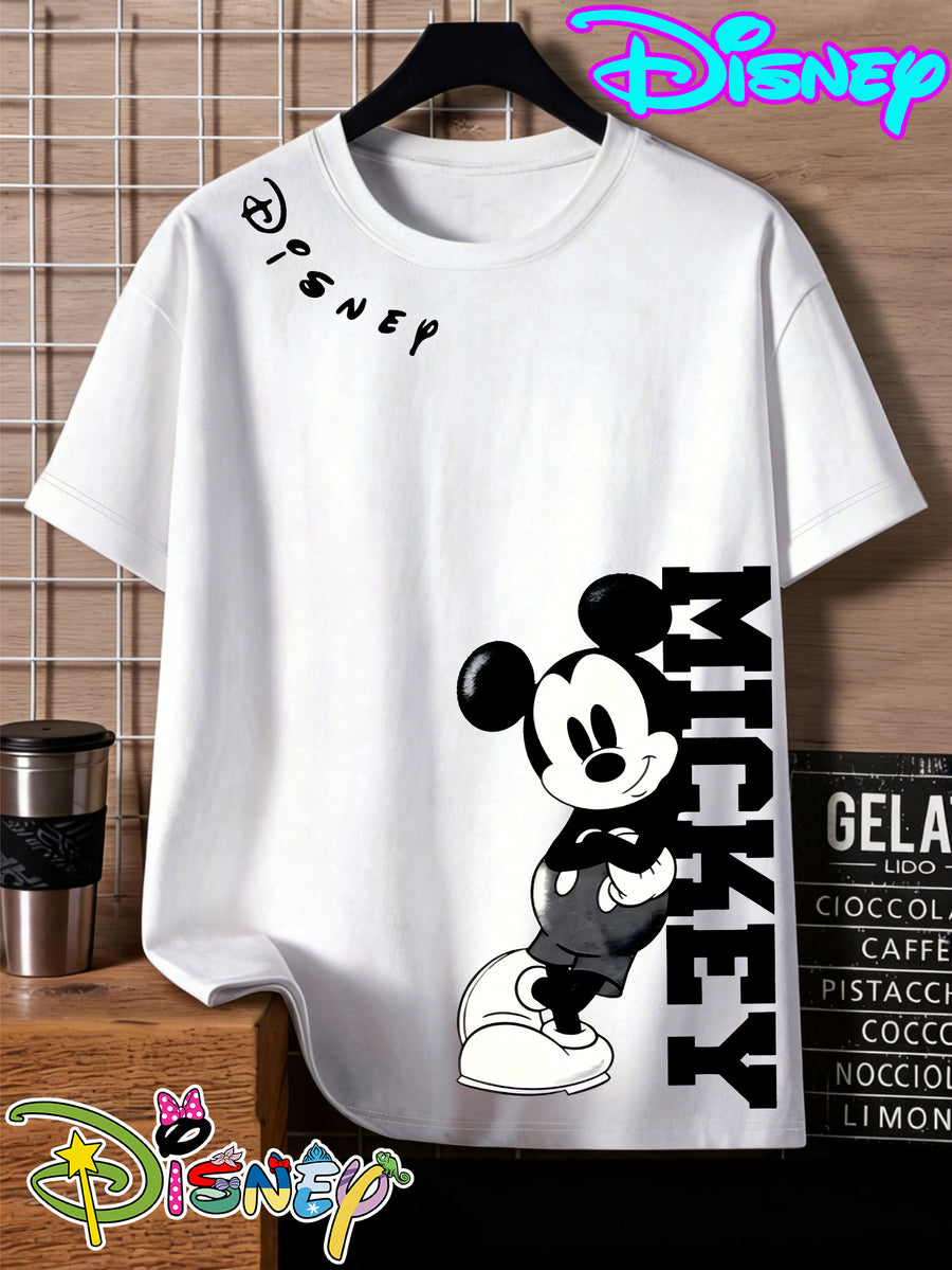 Disney Mickey Black And White Vertical Letter Print Round Neck Short Sleeve T-Shirt, a Minimalist And Trendy Top - White