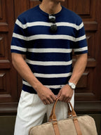 New Summer Fashion Trend: Stylish, Versatile, and Comfortable Men's Knitted Pullover. Casual Business Style Striped Contrast Color Crew Neck Men's Knitted Short Sleeve. Suitable for Work, School, Vacation, and Commuting Outfits - Navy Color