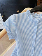 Women's Ruffle Collar Short Sleeve Single-Breasted Striped Shirt - Blue Stripes