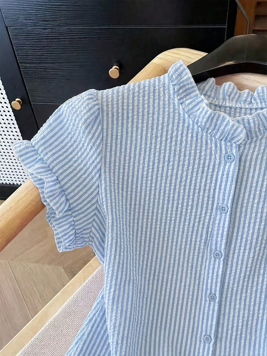 Women's Ruffle Collar Short Sleeve Single-Breasted Striped Shirt - Blue Stripes