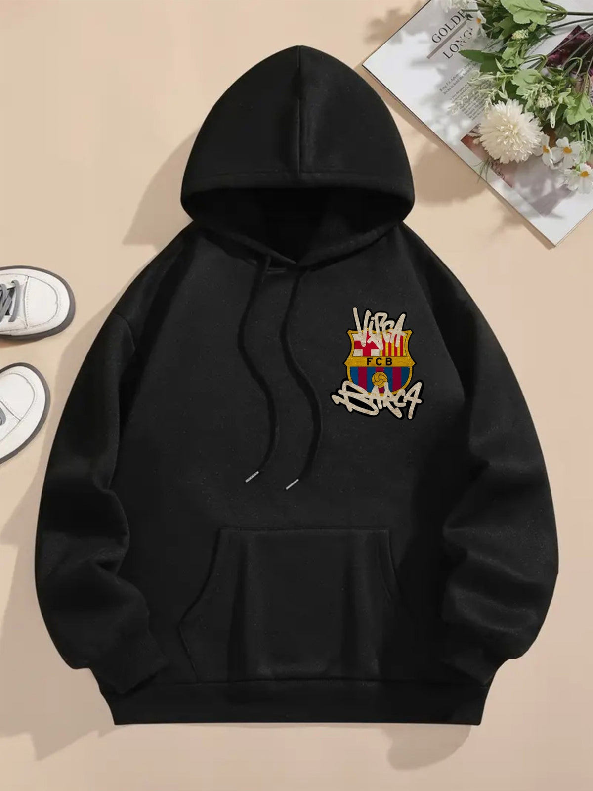 Hooded Sweatshirt with Front And Back Design, Featuring The Barcelona Football Club, FCB Printed Hoodie, Drawstring Casual Hooded Sweatshirt, Suitable for Winter And Autumn, Women'S Apparel. - Black