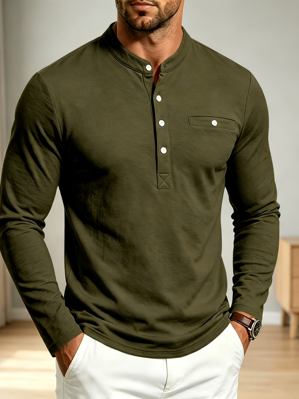 Men Spring Autumn Textured Mandarin Collar Henley 5-button Long Sleeve Top. Slim Soft Breathable Wrinkle-resistant Long Tee for Daily Business Commute & Casual Wear. - Tactical Green