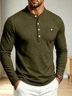 Men Spring Autumn Textured Mandarin Collar Henley 5-button Long Sleeve Top. Slim Soft Breathable Wrinkle-resistant Long Tee for Daily Business Commute & Casual Wear. - Tactical Green