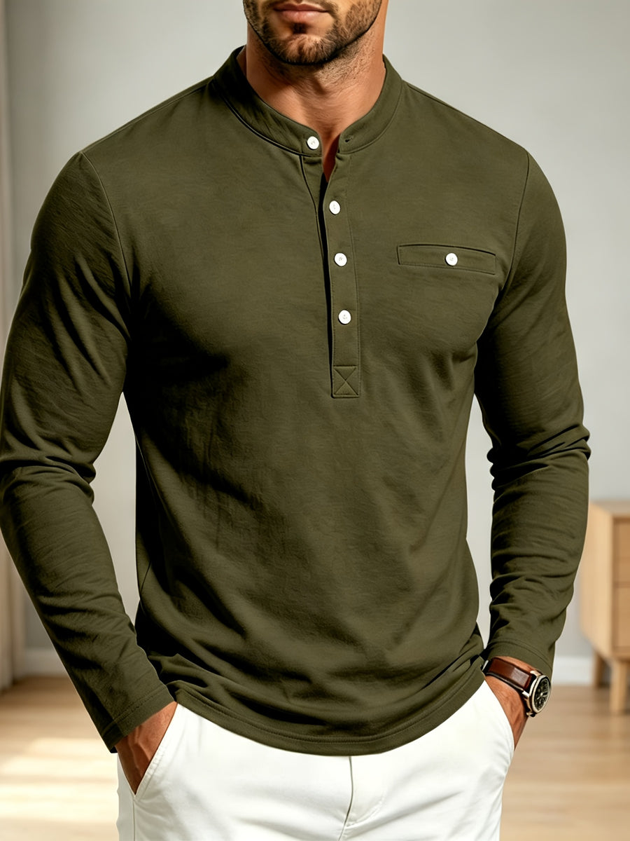 Men Spring Autumn Textured Mandarin Collar Henley 5-button Long Sleeve Top. Slim Soft Breathable Wrinkle-resistant Long Tee for Daily Business Commute & Casual Wear. - Tactical Green