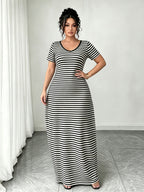 Women's Plus Size Nightgown, Can Be Worn as an Outer Dress, Striped Print, Beach Vacation Style, Oversized Loose Fit, Summer Apparel, Women's Summer Dress - Black And White