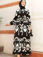 Middle Eastern Elegant Round Neck Tie-Up Vintage Printed Long Sleeve Robe - Black