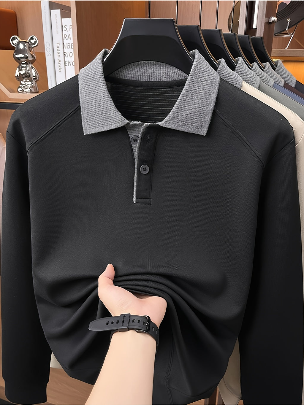 Autumn Contrast Collar Long Sleeve Polo Shirt, Men'S Drop Shoulder Knit Pullover, Spring Autumn Business Casual Base Layer Top, Loose Patchwork Collar T-Shirt, Casual Fishing Top - Black