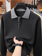 Autumn Contrast Collar Long Sleeve Polo Shirt, Men'S Drop Shoulder Knit Pullover, Spring Autumn Business Casual Base Layer Top, Loose Patchwork Collar T-Shirt, Casual Fishing Top - Black