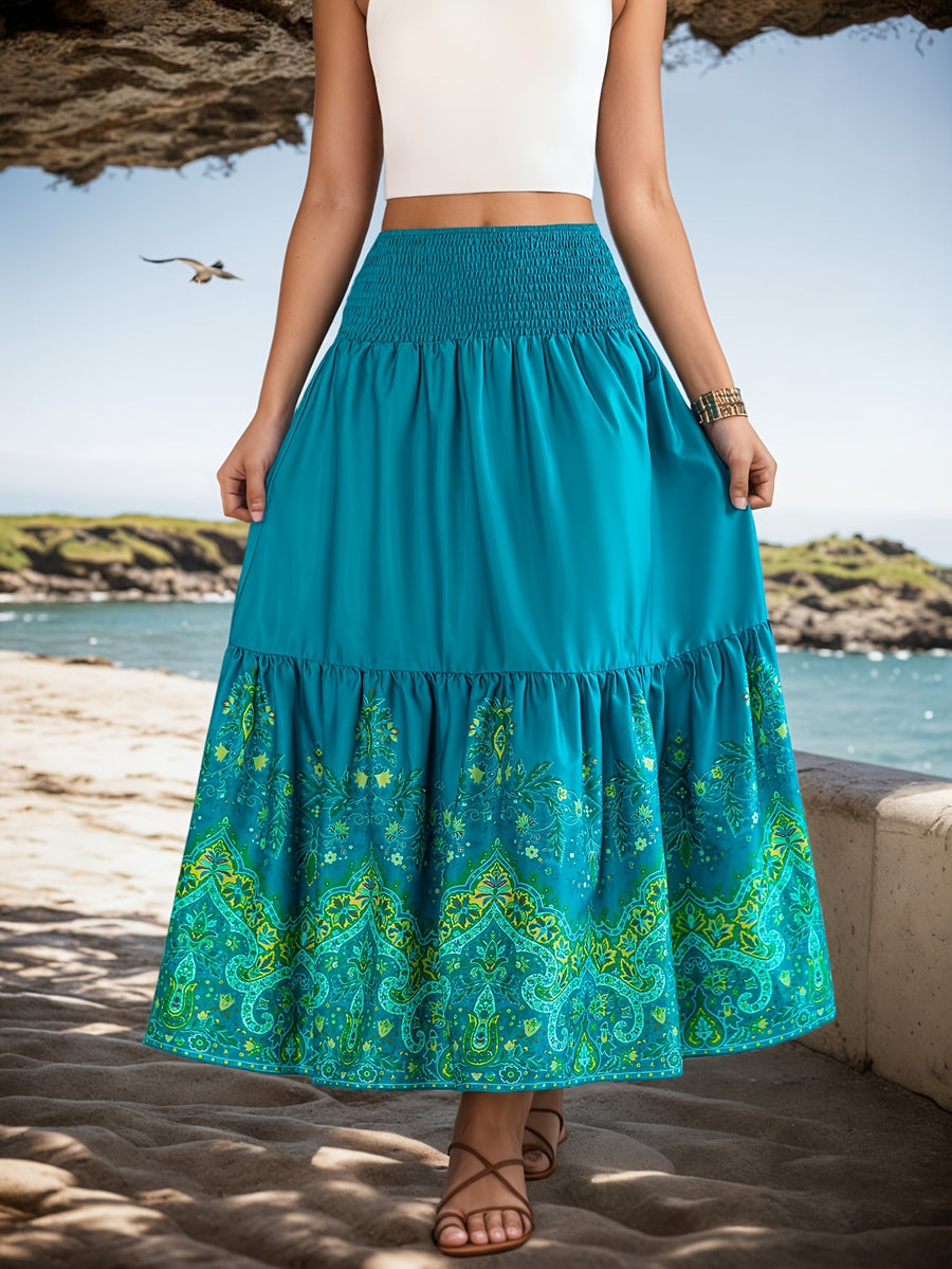 Flower Print Gathered Maxi Skirt - Lake Blue