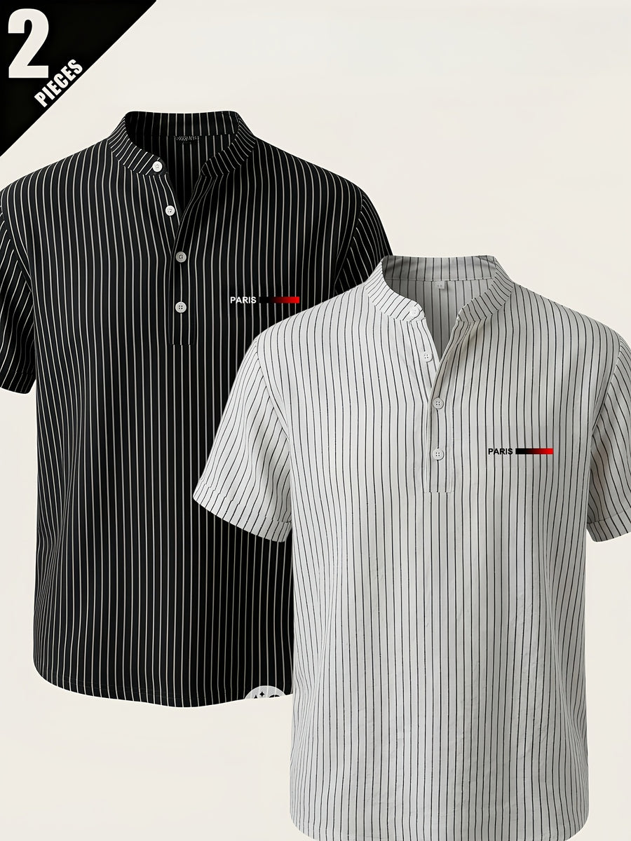 2pcs Men'S Striped Henley Shirt Set, PARIS Chest Print Short Sleeve Shirt, Lightweight Breathable Regular Fit, Suitable for Casual Wear, Travel, And Layering - Black+White