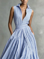 French Blue And White Vertical Striped Collar Sleeveless Dress with Waist Cincher, A-Line Flared Long Dress - Blue And White Stripes