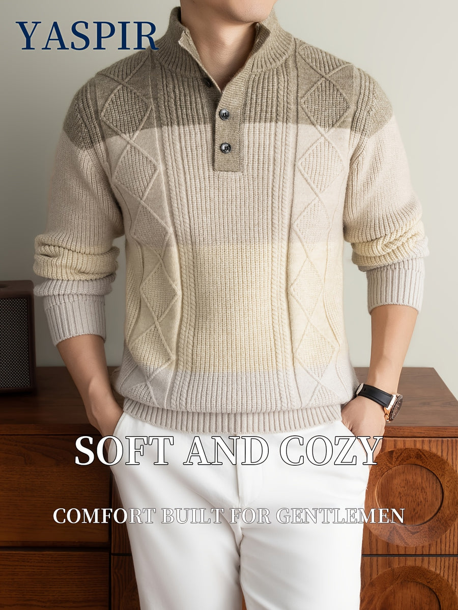 Autumn Winter Men'S High Neck Henley Long Sleeve Pullover Sweater Thick Heavyweight Style, Color-Block Jacquard Design, Casual Elegant Old Money Style, Warm And Cold-Resistant, Suitable for Daily Leisure Sports Outdoor Camping Fishing Wear, Knit - Camel