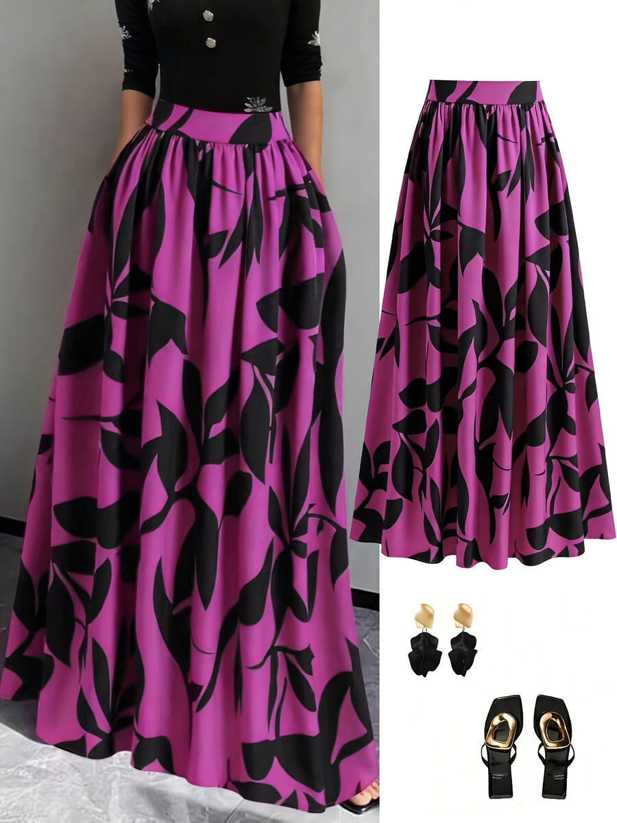 New Spring/Summer/Autumn Women's Printed High-Waist A-Line Skirt, Summer Vacation Dress - Fuchsia