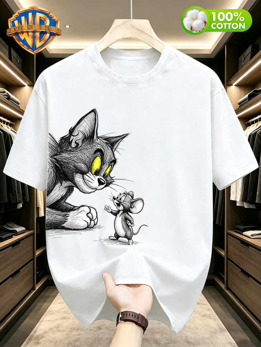 Warner Bros Official Summer New Arrival 100% T-Shirt, Casual and Stylish Men's Short Sleeve Tee with Scrawled Line Art Cartoon Print, Soft and Comfortable Men's T-Shirt, Machine Washable Men's Top, Suitable for Home Leisure, Campus, Daily Commuting - White