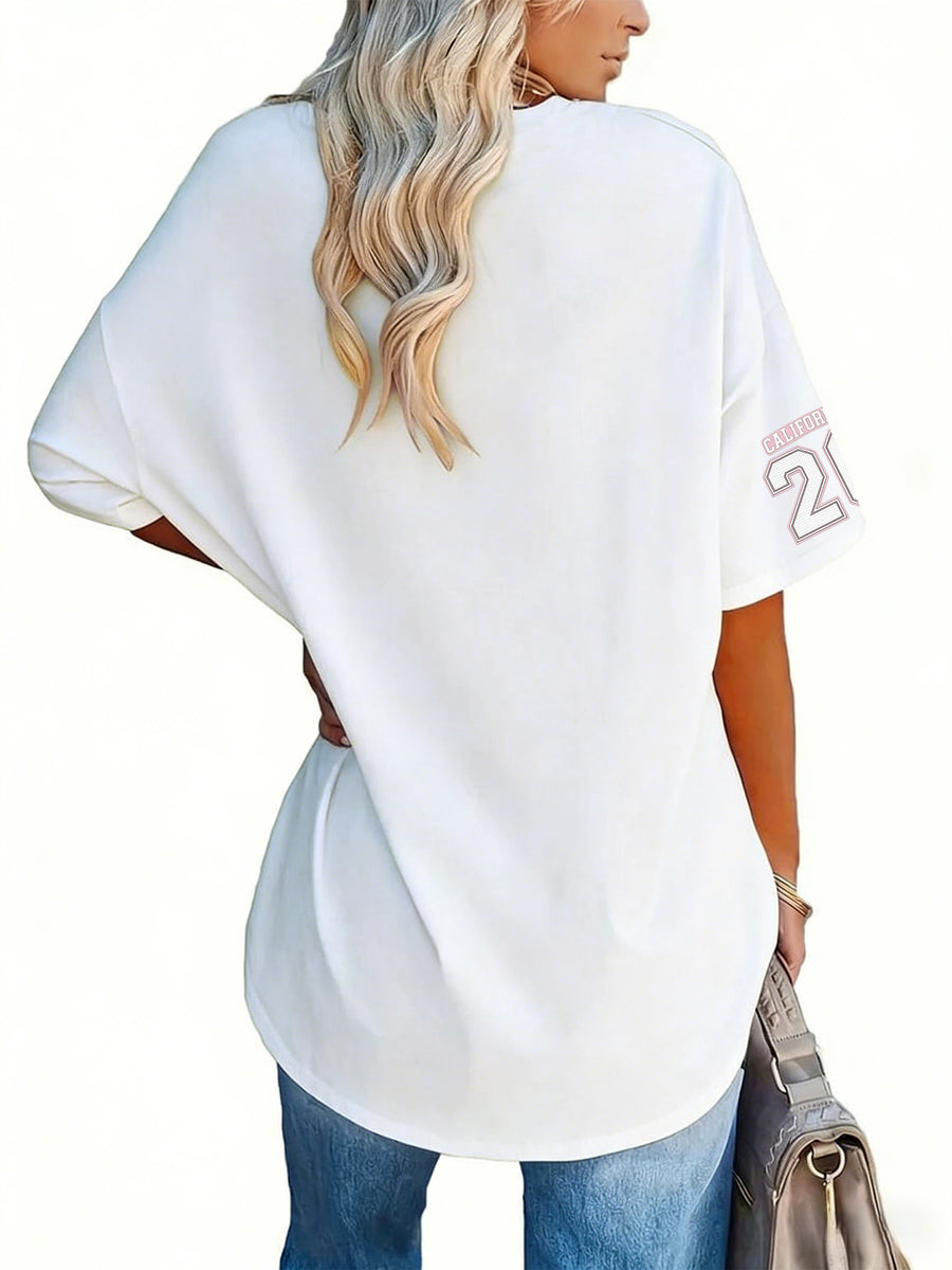 Women'S Fashion V-Neck Tee Featuring Relaxed Drop Shoulders - White