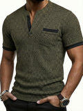 ROYALBOY Spring New Men's Casual Fashion Textured Two-Tone Striped Henley Shirt - Short Sleeve, Stand Collar, Suitable for Casual Outdoor Wear, Machine Washable, 100% Polyester Durable Wear-Resistant Fabric - Olive Green