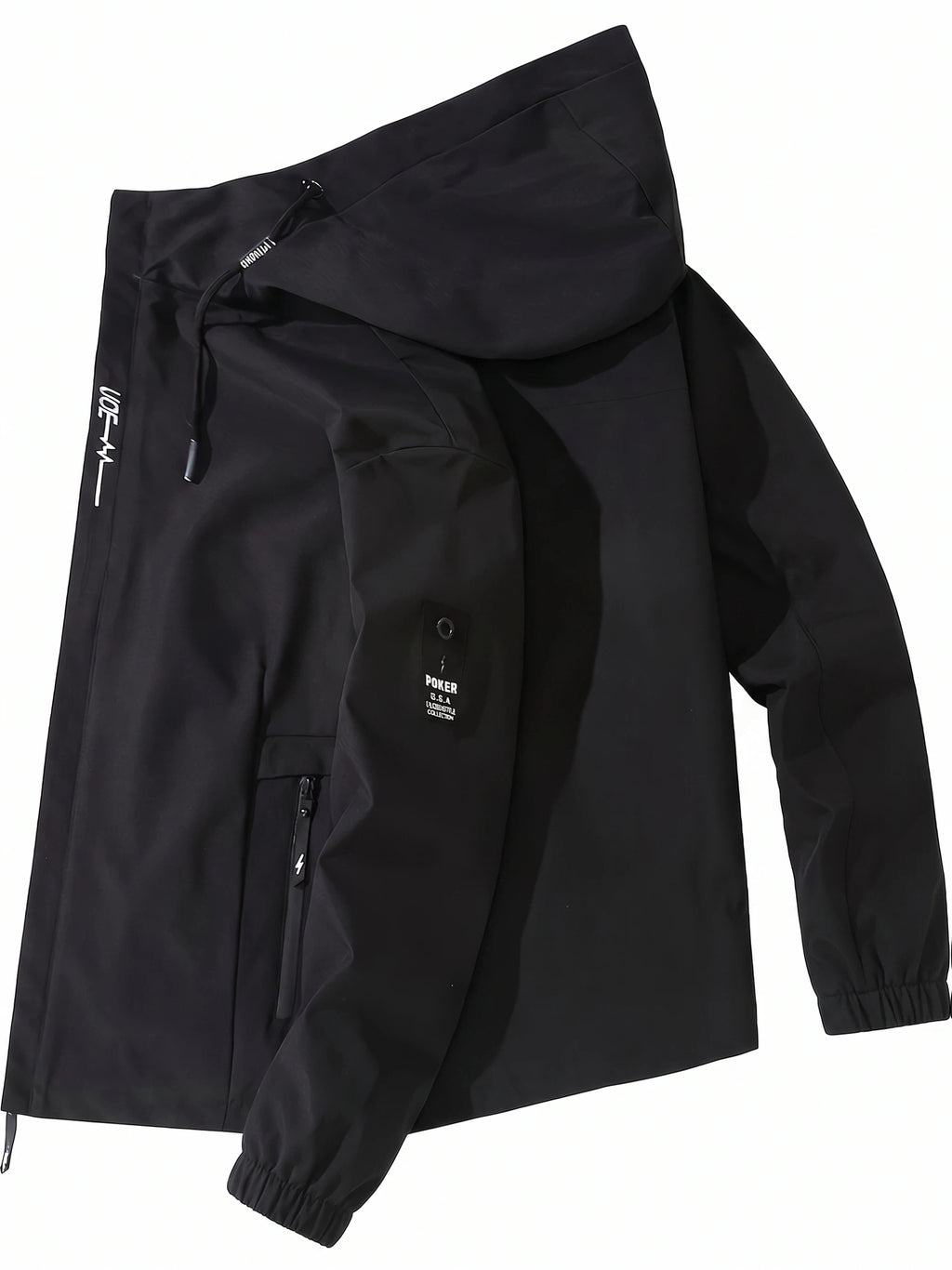 Men's Lightweight Softshell Jacket with Hood, 100% Polyester Solid Color, Regular Fit, Long Sleeves, Zippered Pockets, Outdoor Casual Style - Black+Blue