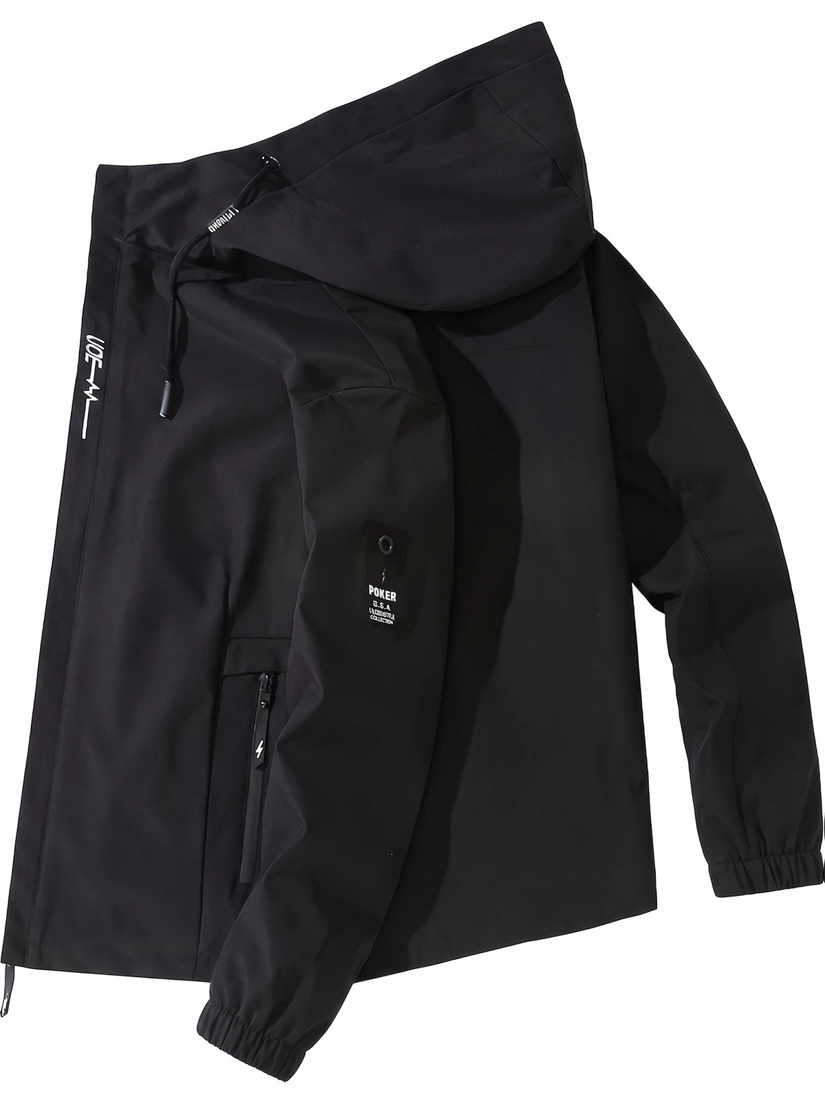 Men's Lightweight Softshell Jacket with Hood, 100% Polyester Solid Color, Regular Fit, Long Sleeves, Zippered Pockets, Outdoor Casual Style - Black+Blue