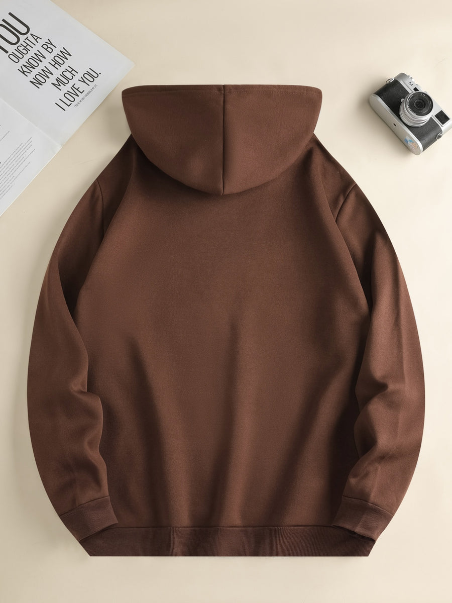 Men'S Fashion Hoodie, Loose Fit Casual Top, Print with "Astronaut" Lettering Print Pattern, Long-Sleeved Sweatshirt with Kangaroo Pocket, Casual Polyester Knit Fabric, Machine Washable Suitable for Outdoor Leisure Wear - Coffee Brown