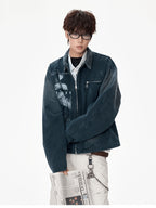1pc Heavy-Duty Jacket, Barn Streetwear Brand Vintage Japanese-Style Dark Portrait Print Workwear Lapel Jacket, Unisex Loose Fit Swagger Outerwear for Couples - Navy Color