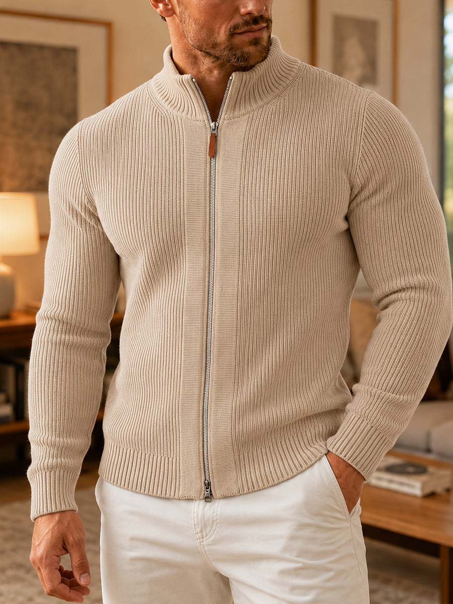 Du Jing Lan OBM Autumn/Winter New Men's Knit Cardigan, Thickened Warm Old Money Style Textured Ribbed Solid Color Double Zipper Open Front Long Sleeve Knit Sweater, Men's Business Casual Daily Basic Knit Base Layer Top, Suitable for Spring and Autumn - Off-white