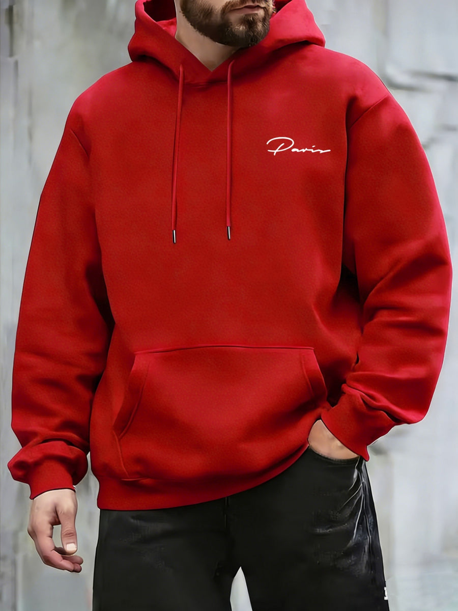 Retro Minimalist Cursive Small Print Men'S Hooded Sweatshirt Kangaroo Pocket Drawstring Hoodie Versatile Trendy Top - Red