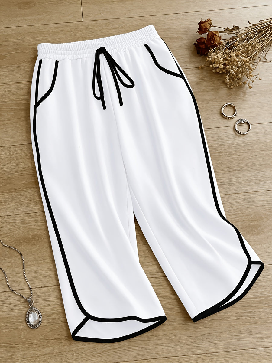 Women'S Pants, Easy Lazy Style American Retro Capri Pants, Elastic Waist Drawstring Design, Loose Contrast Trim Capri Pants, Comfortable Home Casual Trousers - White