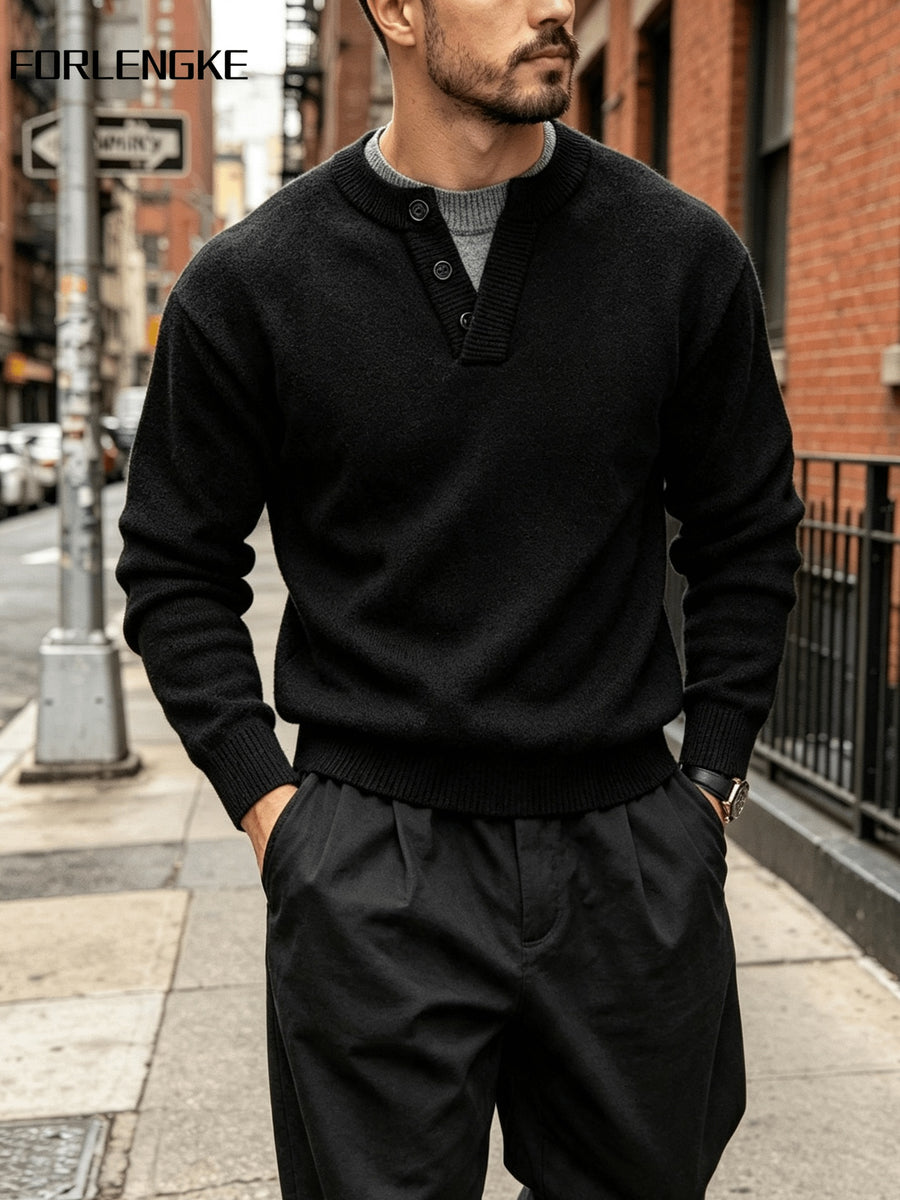 FORLENGKE Autumn/Winter New Arrival Men's Solid Color Long-Sleeve Button-Up Knit Sweater, Soft and Fine Knitted Fabric, Vintage Casual Style, Versatile Pullover for Daily Outings and Outerwear - Black