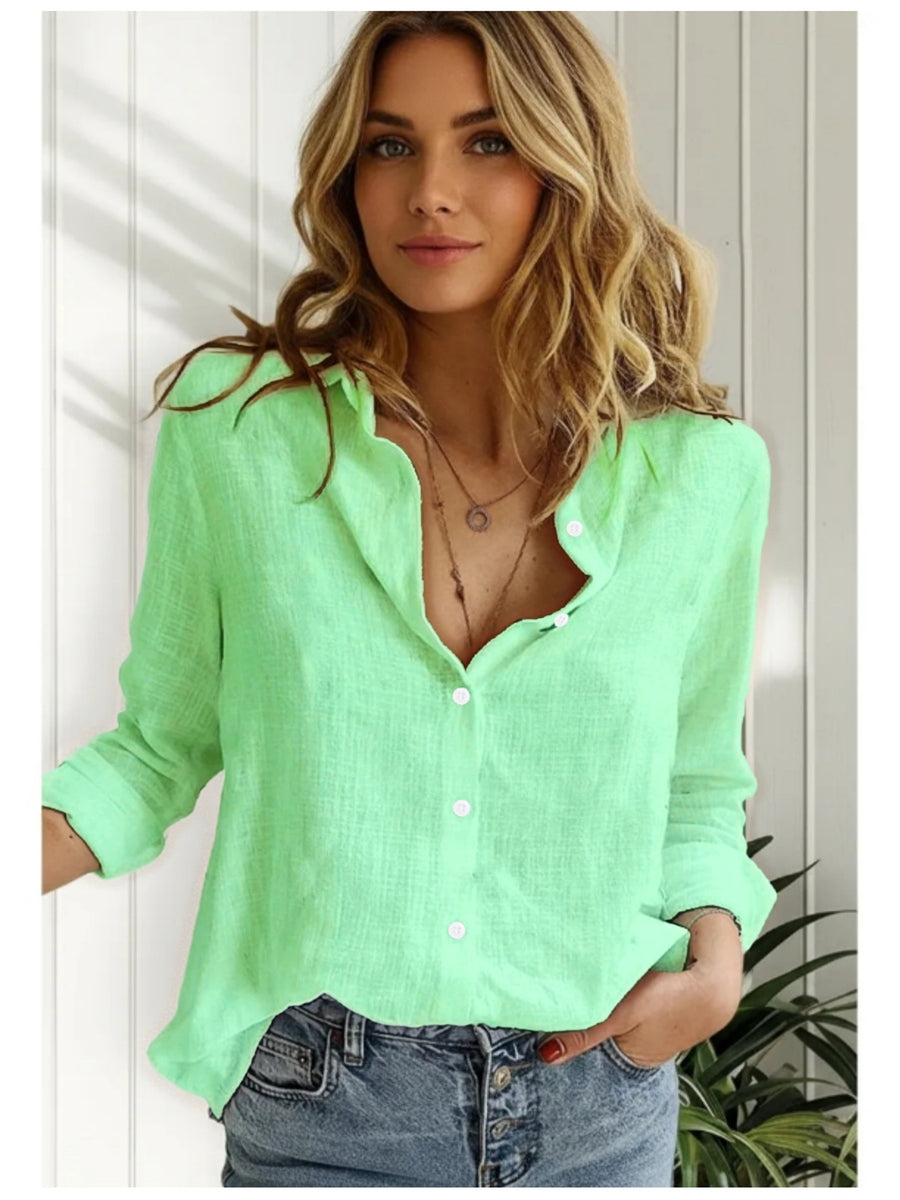 Women's New Spring, Autumn, and Winter Style 100% Long-Sleeve Shirt, Simple Open-Front Lapel Collar Comfortable Shirt, Fashionable, Elegant, and Versatile Solid Color Open-Front Long-Sleeve Top, Suitable for All Seasons, for Women's Daily, Casual - Fluorescent Green