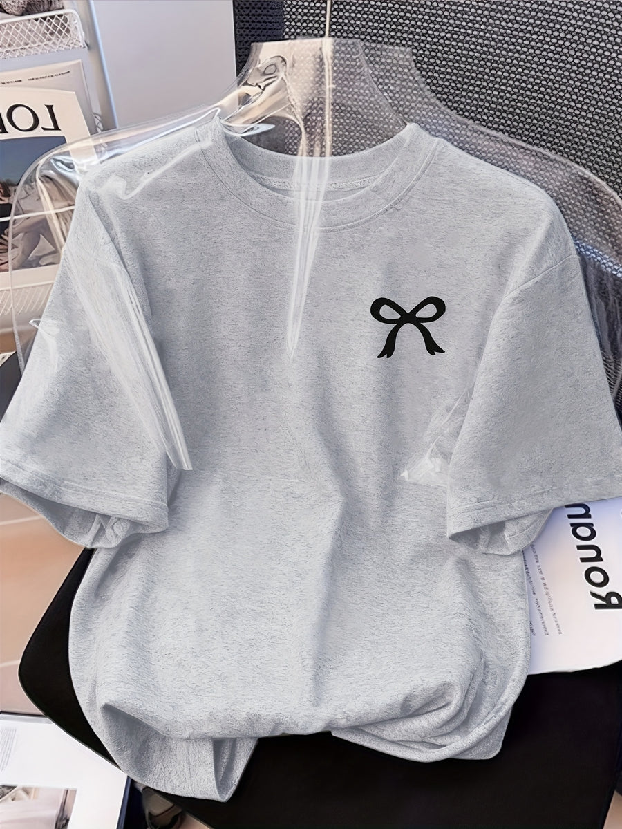 Graphic Print T-Shirt, Short Sleeve Crew Neck Casual Top for Summer & Spring, Women'S Clothing - Light Grey