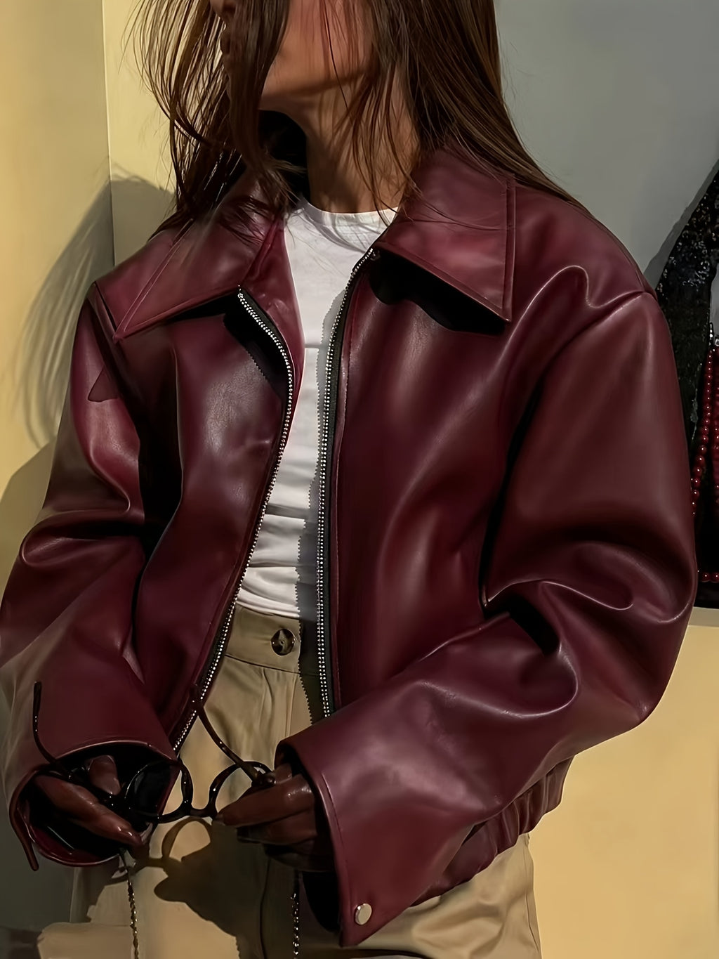 Ladies Fashion Casual Faux Leather Jacket Top - Burgundy
