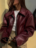 Ladies Fashion Casual Faux Leather Jacket Top - Burgundy